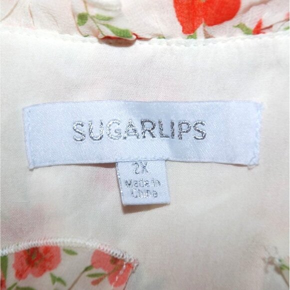 SUGARLIPS Love Bomb Blouse Size 2X Cream Floral Sheer Long Sleeve Ruffles Tie - Picture 10 of 12